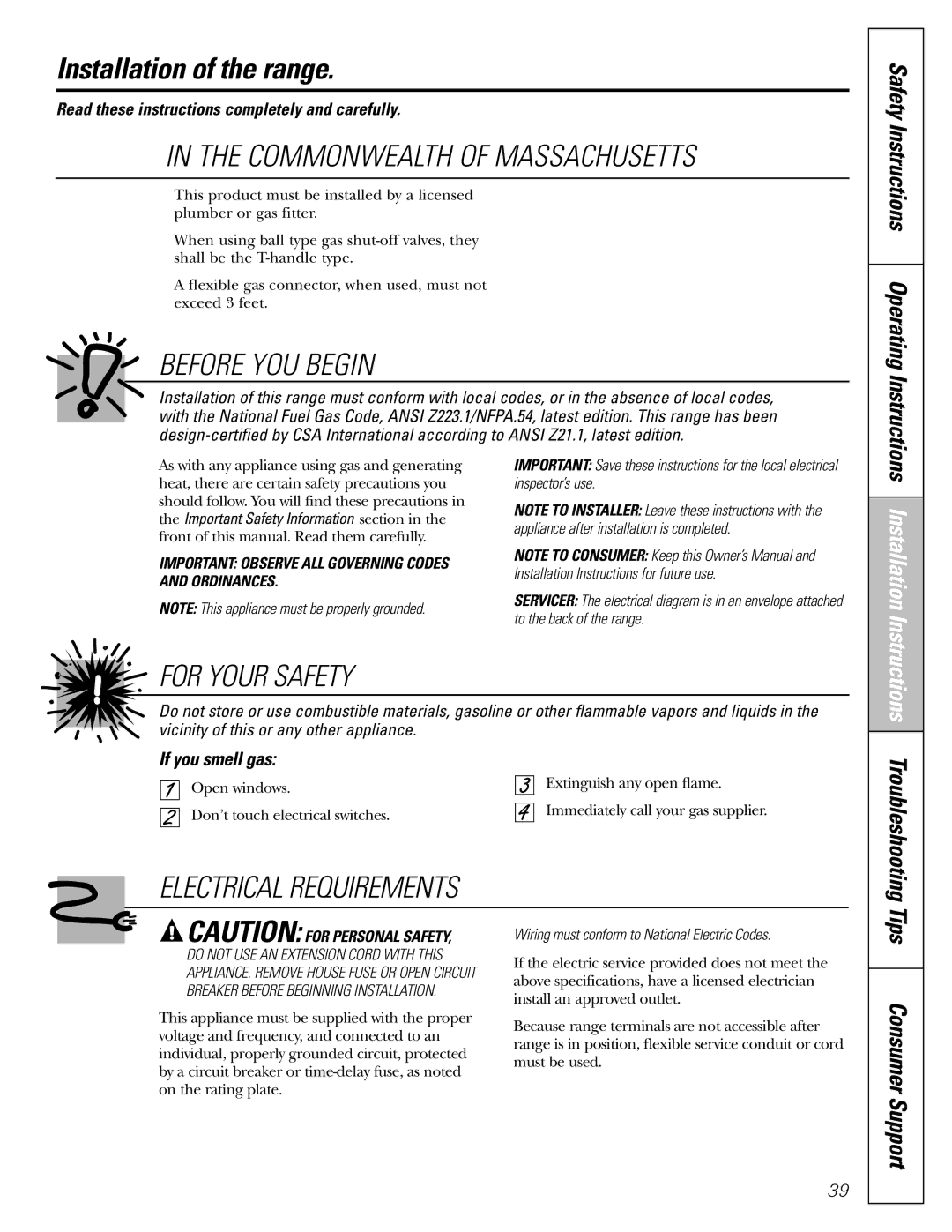 GE J2B918 Installation of the range, Safety Instructions Operating Instructions, Instructions Troubleshooting Tips 