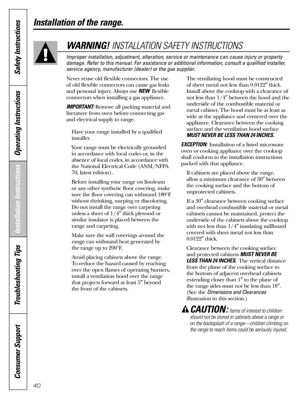 GE J2B918 installation instructions Must Never be Less than 24 Inches 