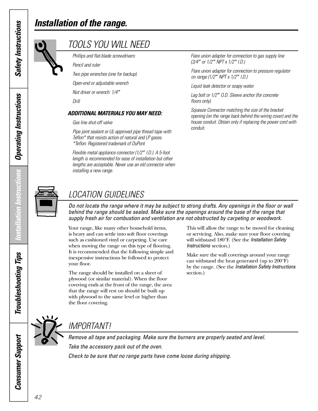 GE J2B918 Troubleshooting Tips, Instructions Operating Instructions Safety, Gas line shut-off valve 