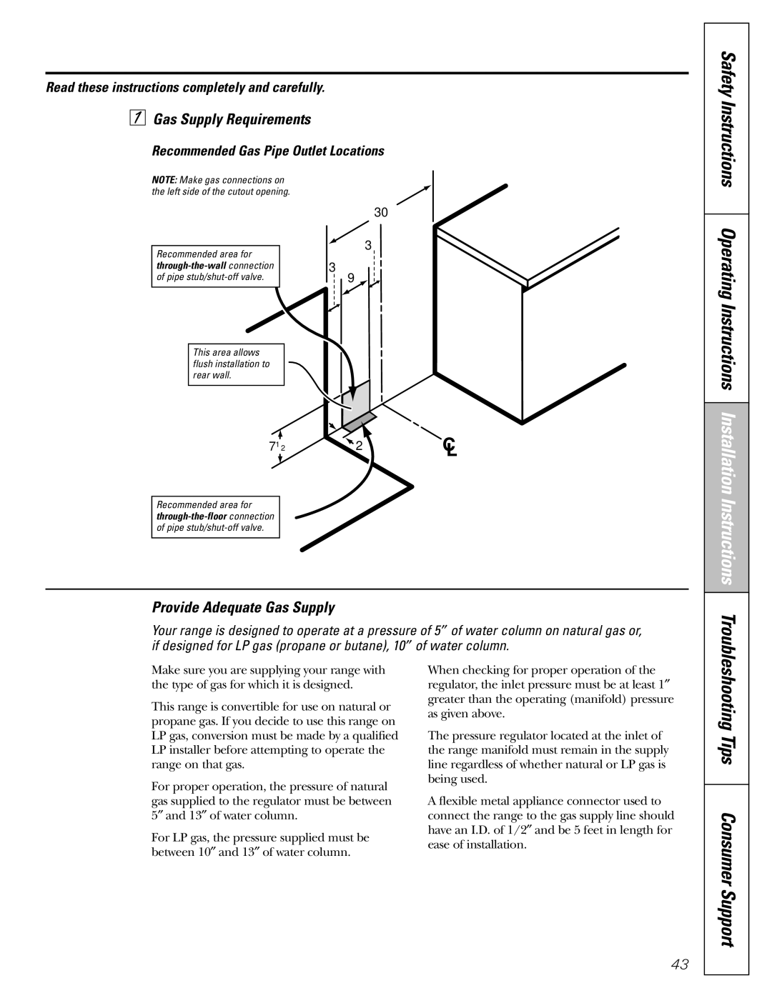 GE J2B918 installation instructions Installation Instructions, Gas Supply Requirements, Provide Adequate Gas Supply 