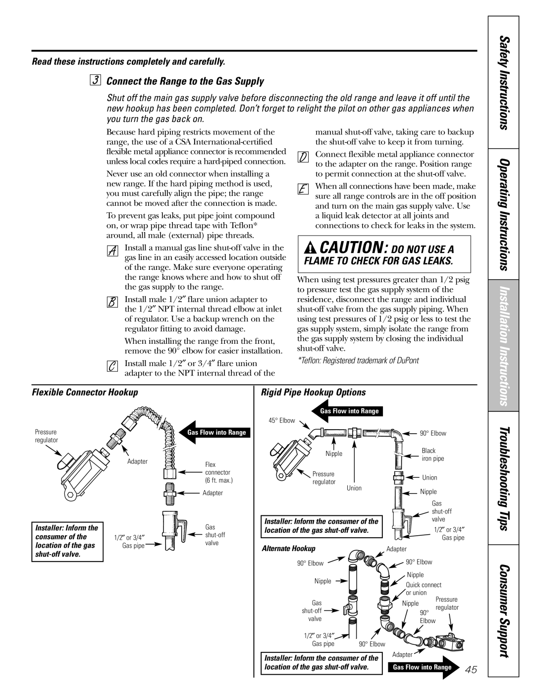 GE J2B918 Connect the Range to the Gas Supply, Flexible Connector Hookup Rigid Pipe Hookup Options, Support 