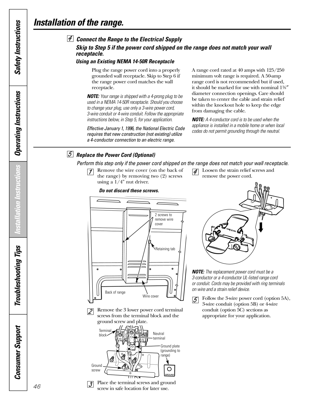 GE J2B918 Operating Instructions, Consumer Support Troubleshooting Tips Installation, Replace the Power Cord Optional 