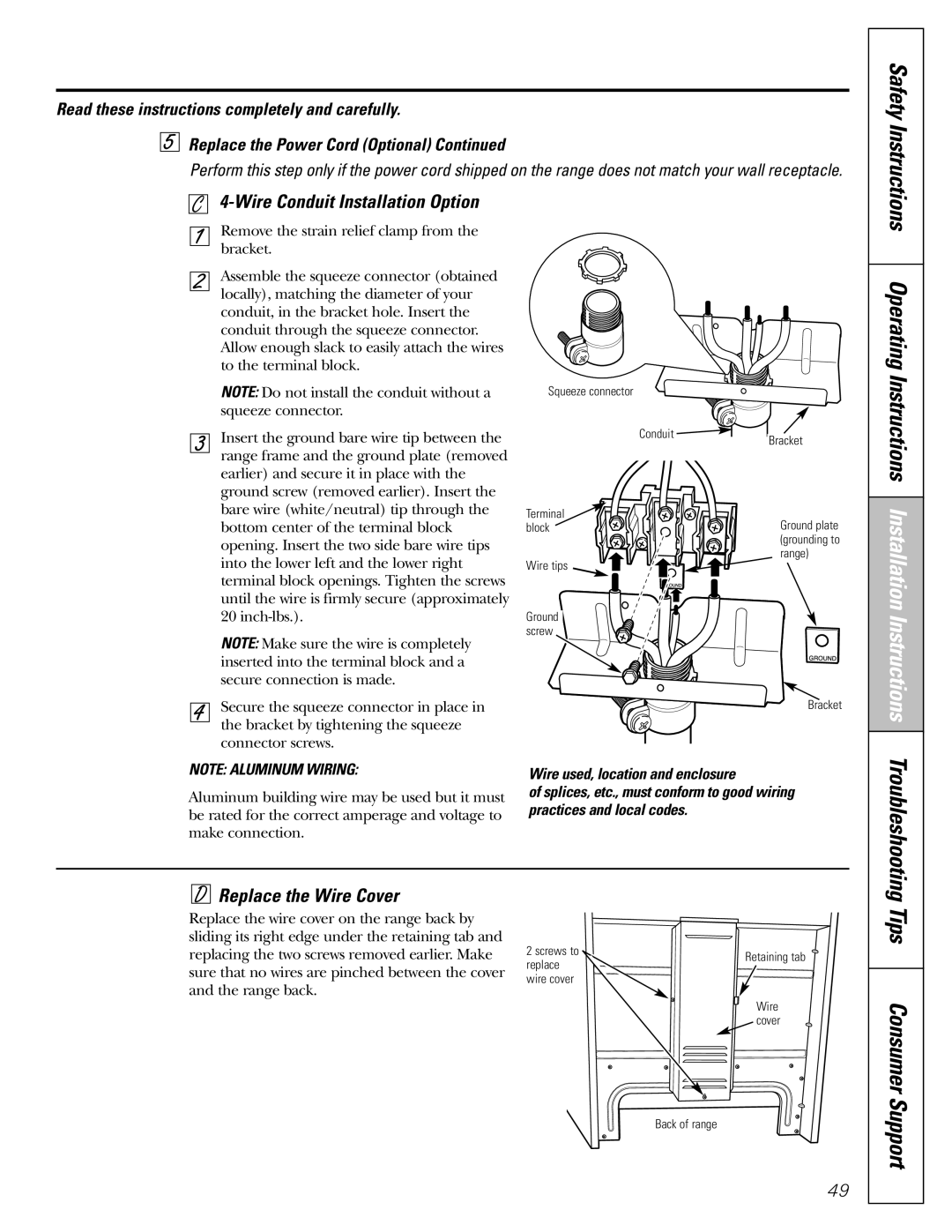 GE J2B918 Tips Consumer, Replace the Wire Cover, Wire used, location and enclosure, Troubleshooting 