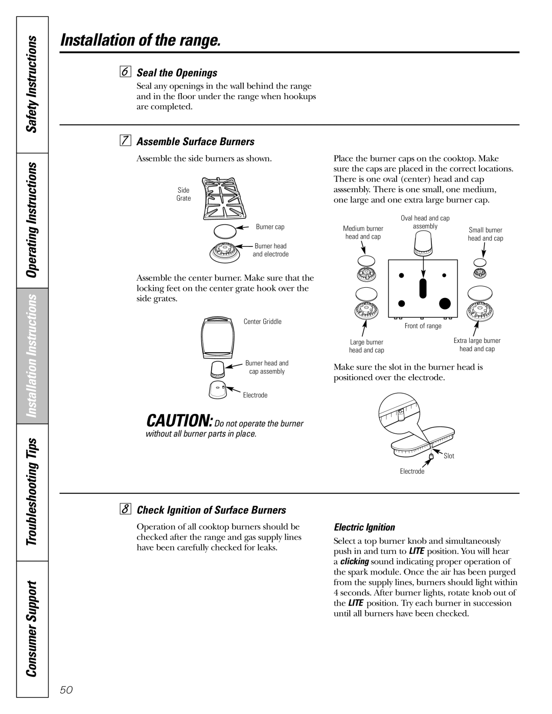 GE J2B918 Operating Instructions, Seal the Openings, Assemble Surface Burners, Check Ignition of Surface Burners 