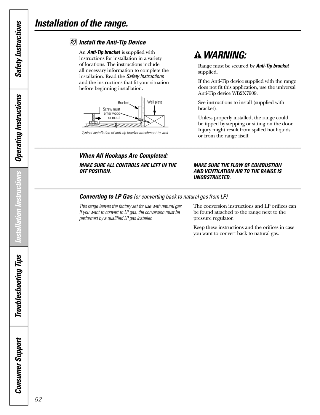 GE J2B918 Install the Anti-Tip Device, When All Hookups Are Completed, Performed by a qualified LP gas installer 