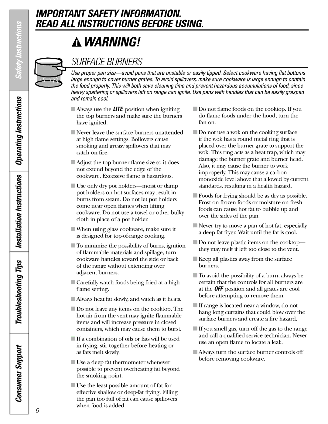 GE J2B918 installation instructions Surface Burners, Safety Instructions 