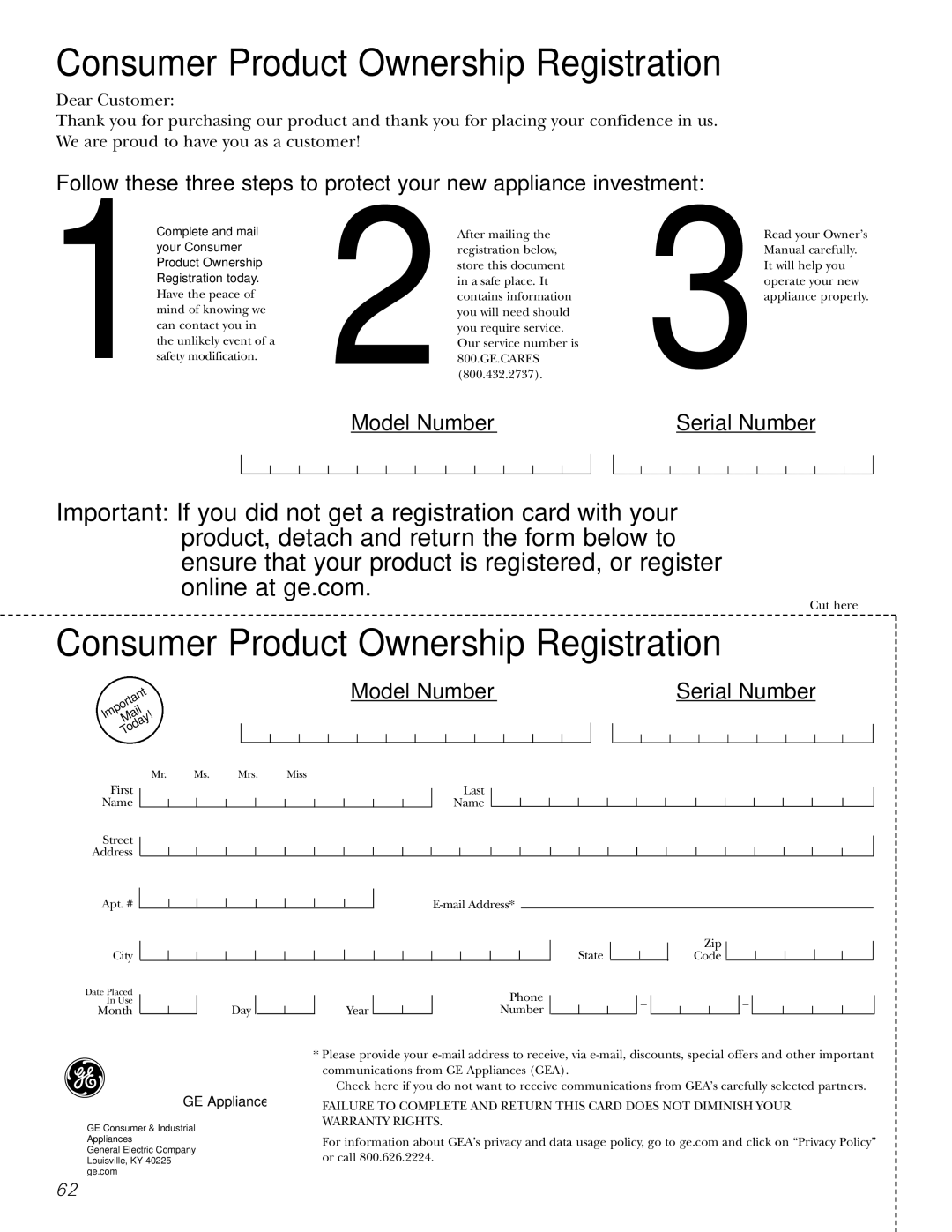 GE J2B918 installation instructions Consumer Product Ownership Registration 