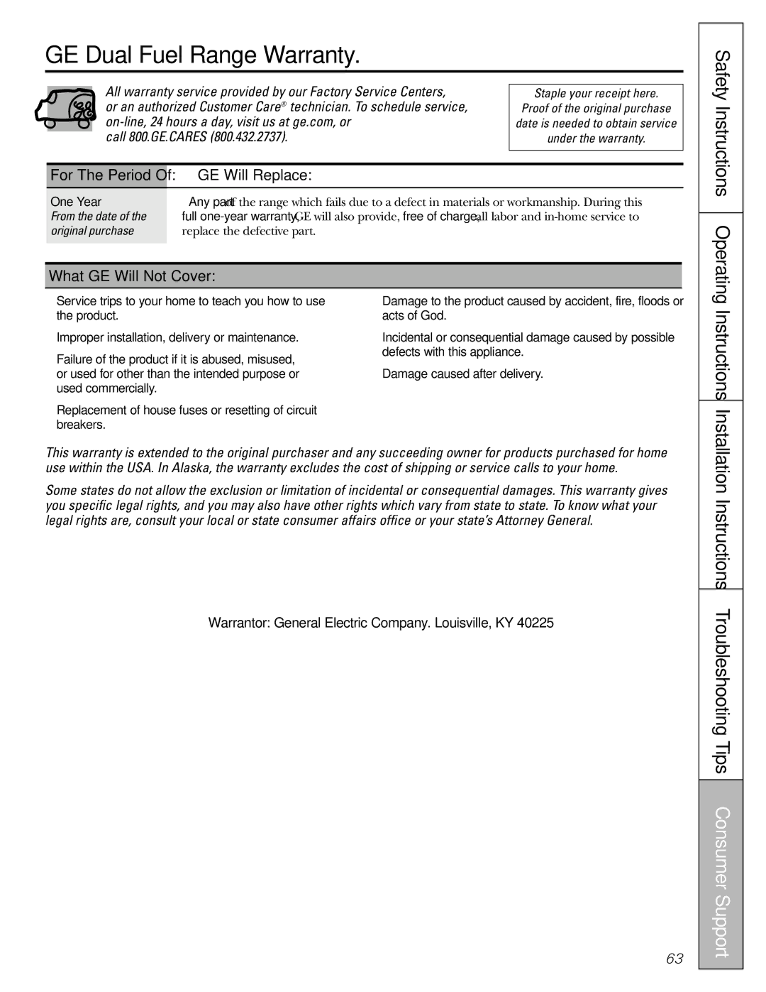 GE J2B918 GE Dual Fuel Range Warranty, Safety Instructions Operating, GE Will Replace, What GE Will Not Cover 