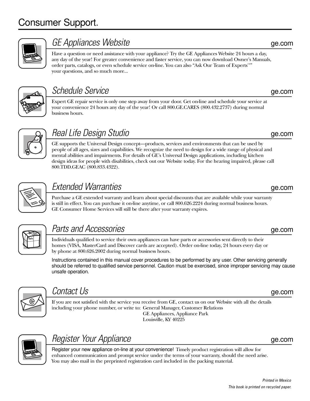 GE J2B918 Consumer Support GE Appliances Website, Schedule Service, Real Life Design Studio, Extended Warranties 