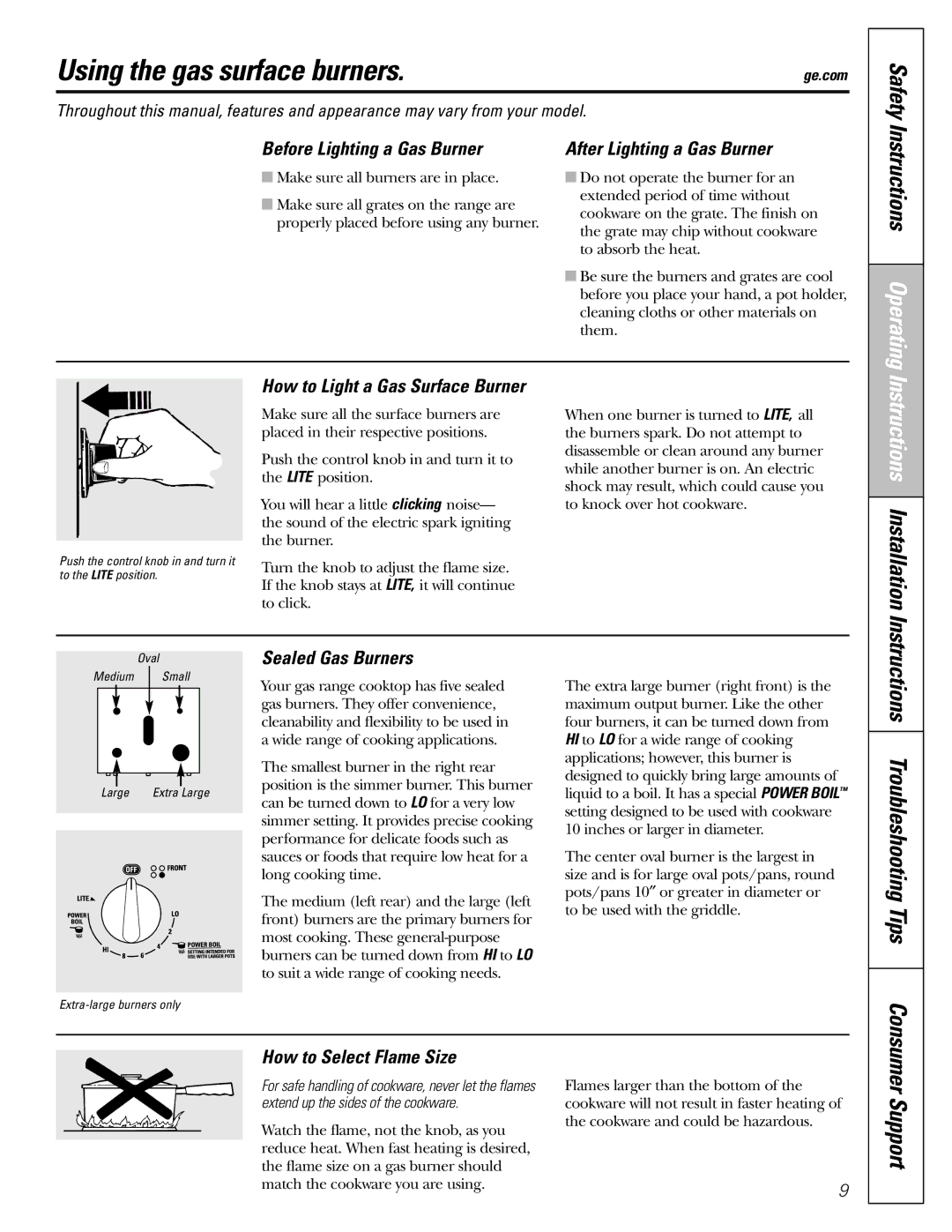 GE J2B918 Using the gas surface burners, Safety, Instructions Installation, Support, Instructions Troubleshooting Tips 