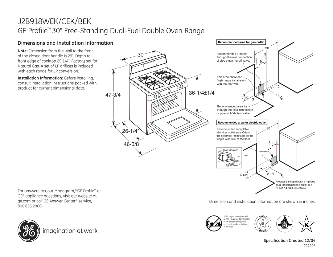 GE J2B918BEK, J2B918CEK dimensions J2B918WEK/CEK/BEK, GE Profile 30 Free-Standing Dual-Fuel Double Oven Range, 47-3/4 