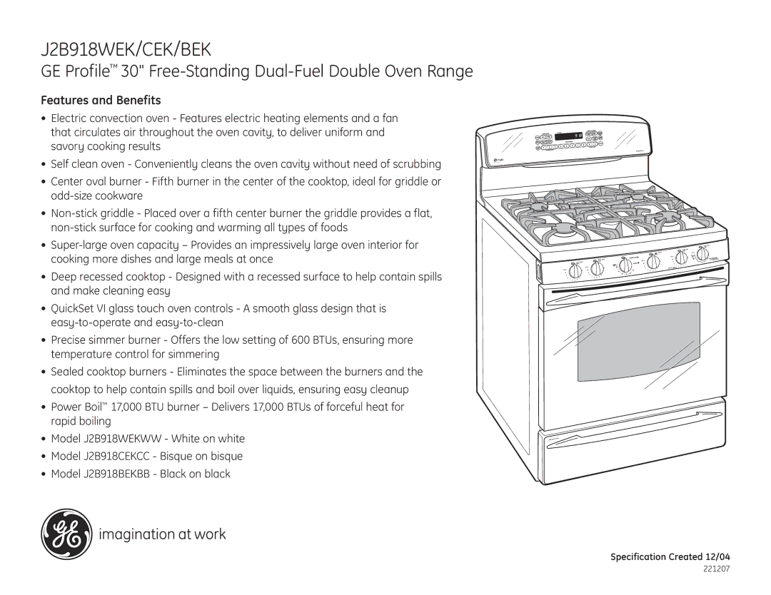 GE J2B918CEK, J2B918WEK, J2B918BEK dimensions Features and Benefits, Double Oven, Lower Oven 