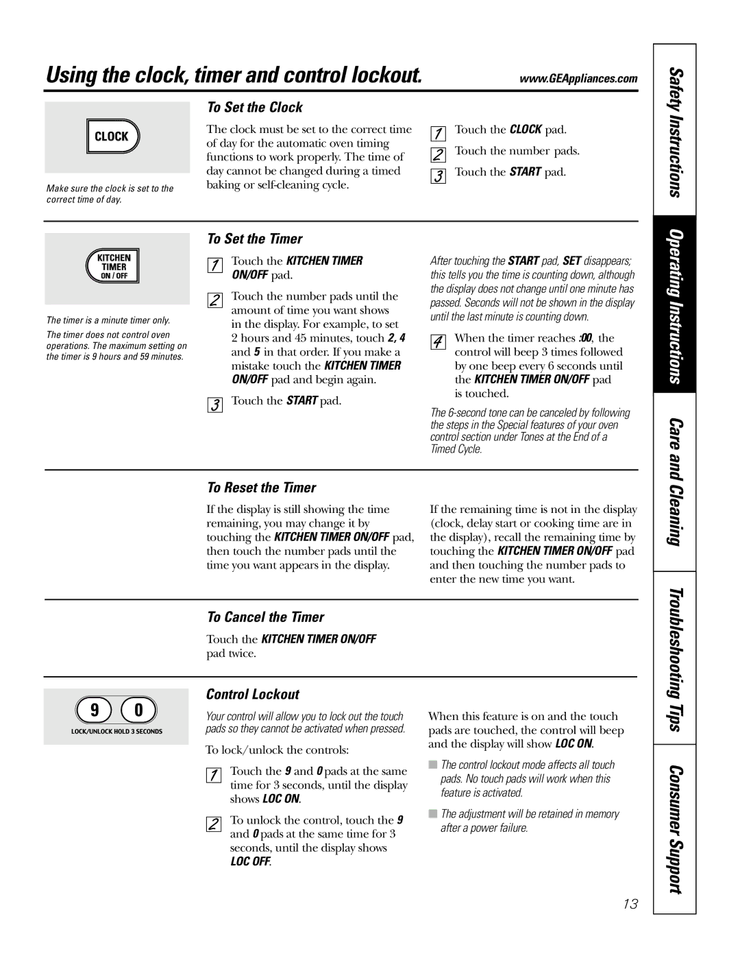 GE J2S968 manual Using the clock, timer and control lockout, Cleaning, Tips Consumer Support, Operating Instructions Care 