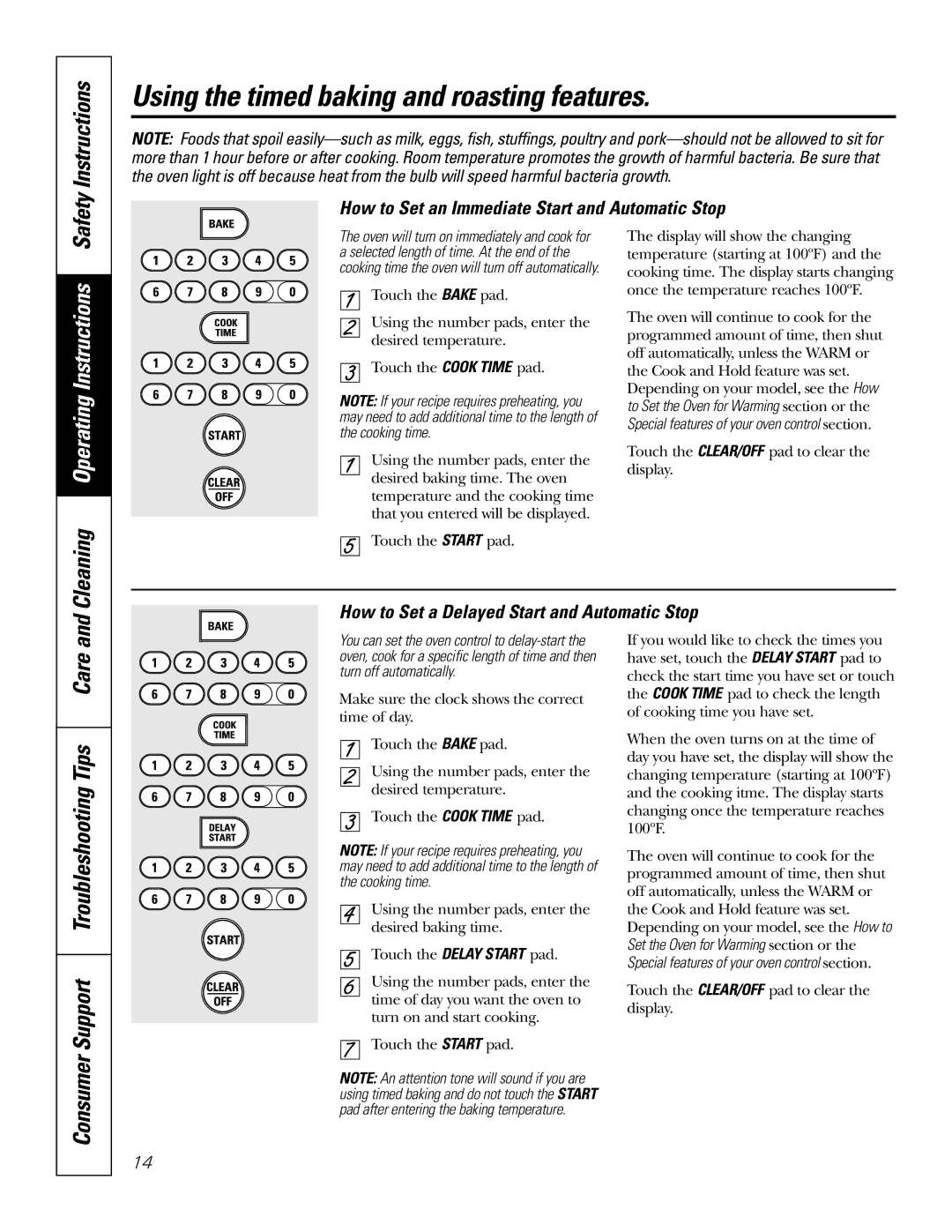 GE J2S968 manual Using the timed baking and roasting features, Safety Instructions, Support Troubleshooting Tips Care 