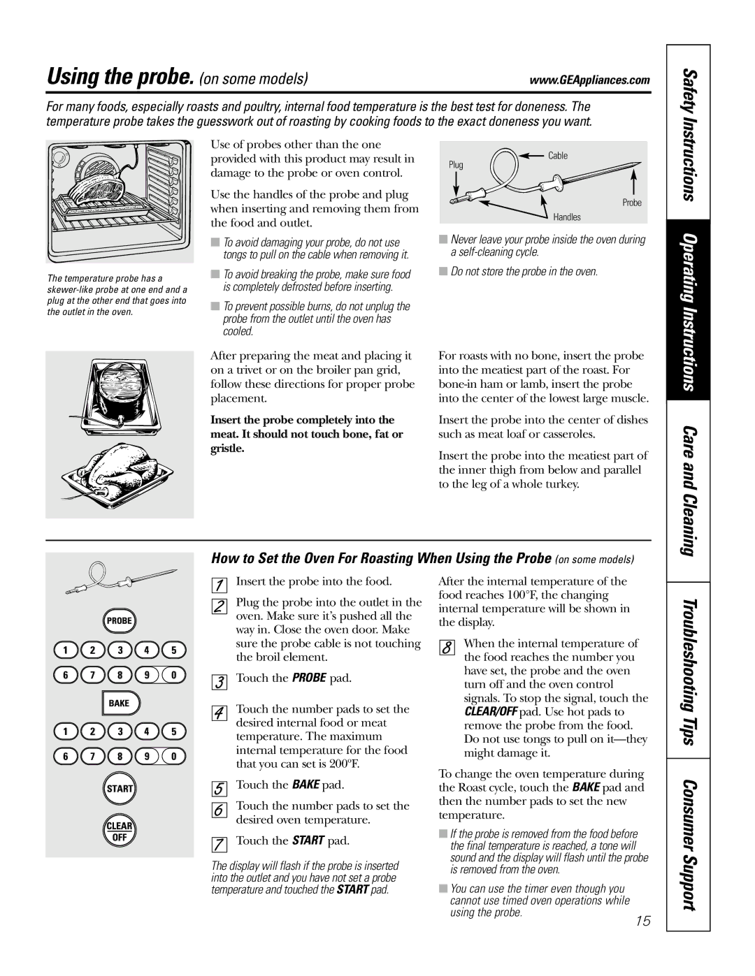 GE J2S968 manual Using the probe. on some models, Troubleshooting Tips Consumer Support, Care and Cleaning 