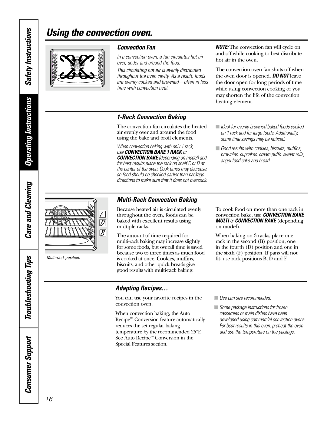 GE J2S968 manual Using the convection oven, Consumer Support Troubleshooting 