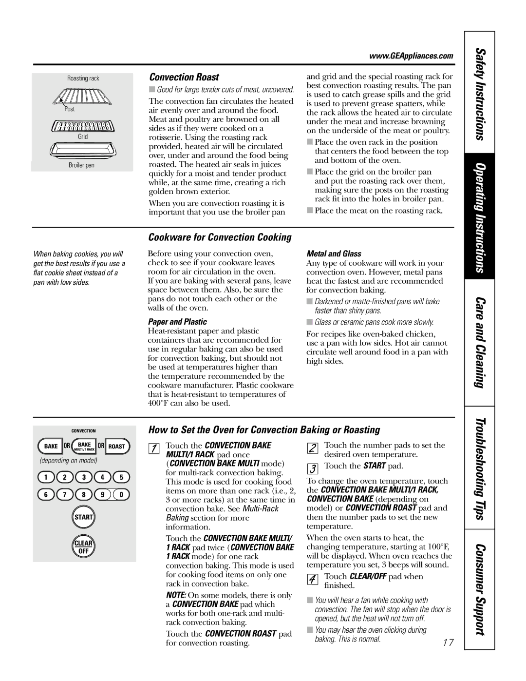 GE J2S968 Instructions Operating, Troubleshooting Tips Consumer Support, Convection Roast, Cookware for Convection Cooking 