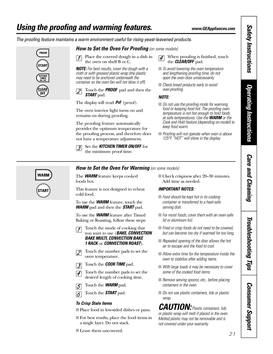 GE J2S968 manual Using the proofing and warming features, Tips Consumer Support, Instructions Operating Instructions Care 