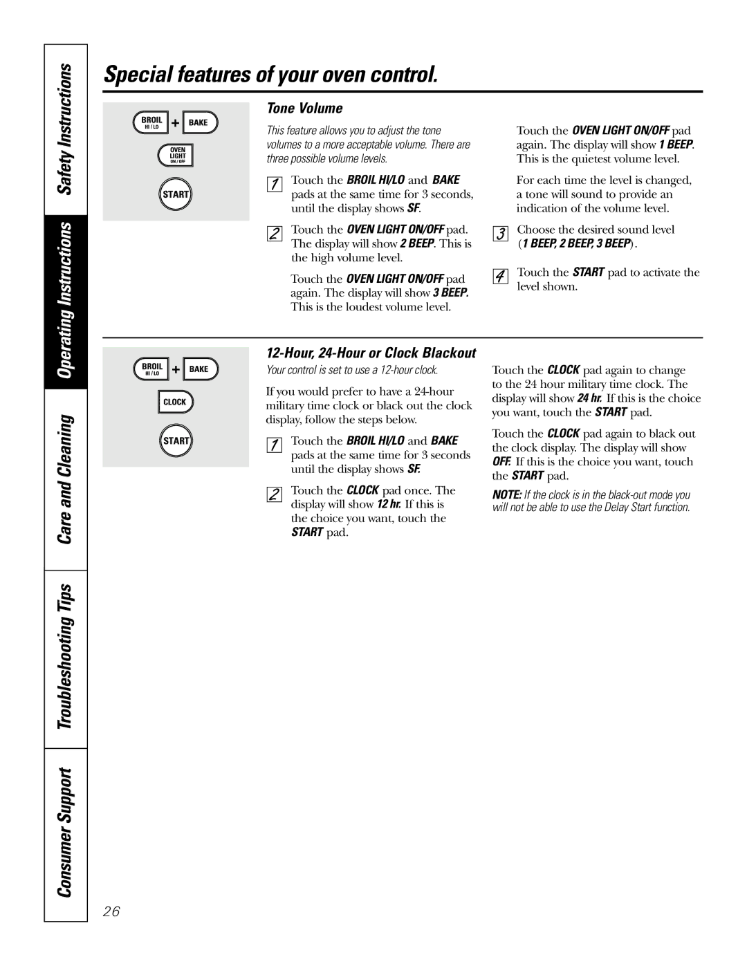 GE J2S968 manual Tone Volume, Three possible volume levels, Hour, 24-Hour or Clock Blackout, Start pad 