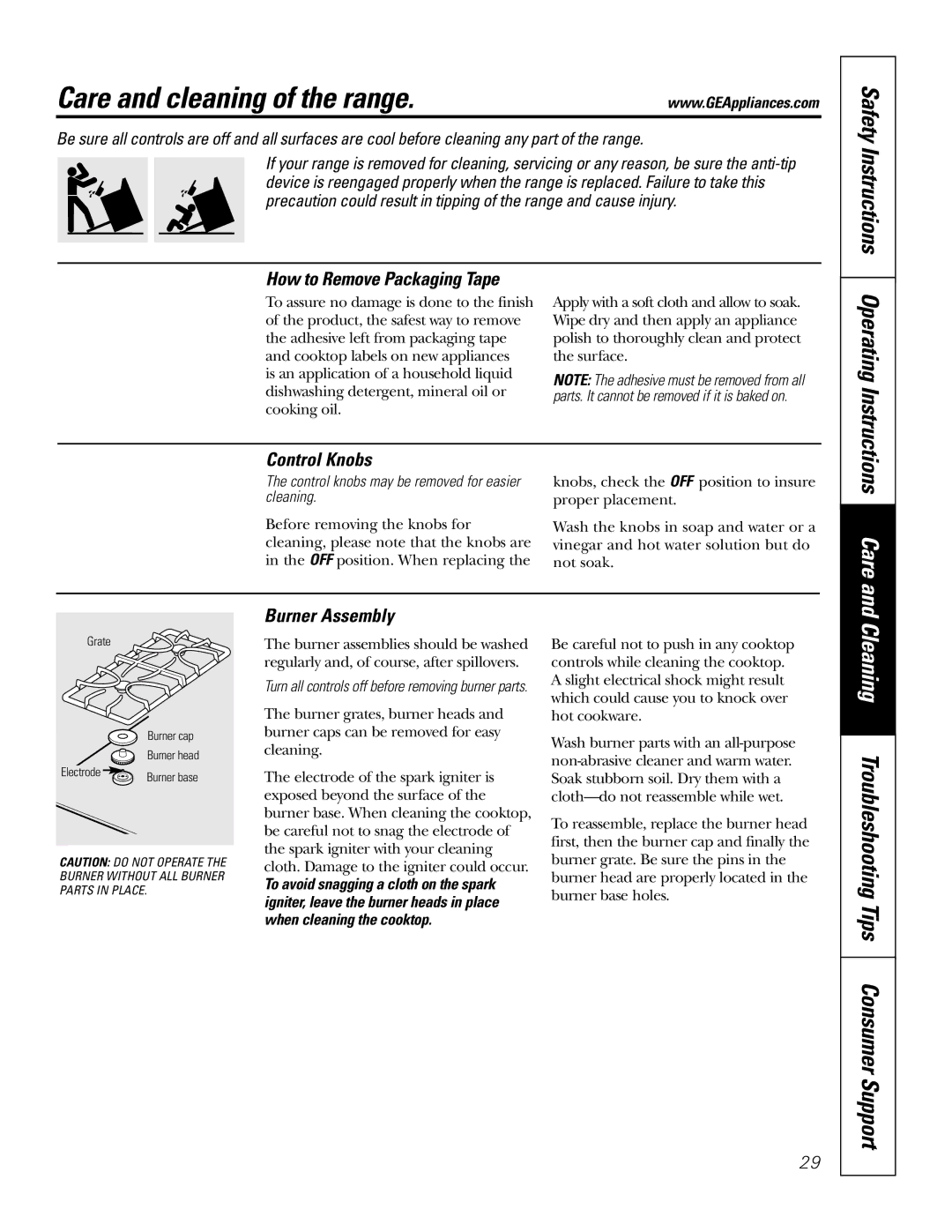 GE J2S968 manual Care and cleaning of the range, How to Remove Packaging Tape, Control Knobs, Burner Assembly 