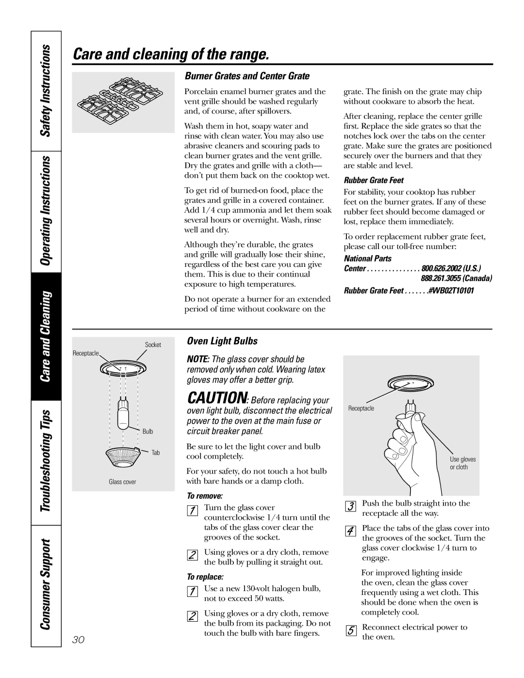 GE J2S968 manual Instructions Safety, Burner Grates and Center Grate, Oven Light Bulbs 