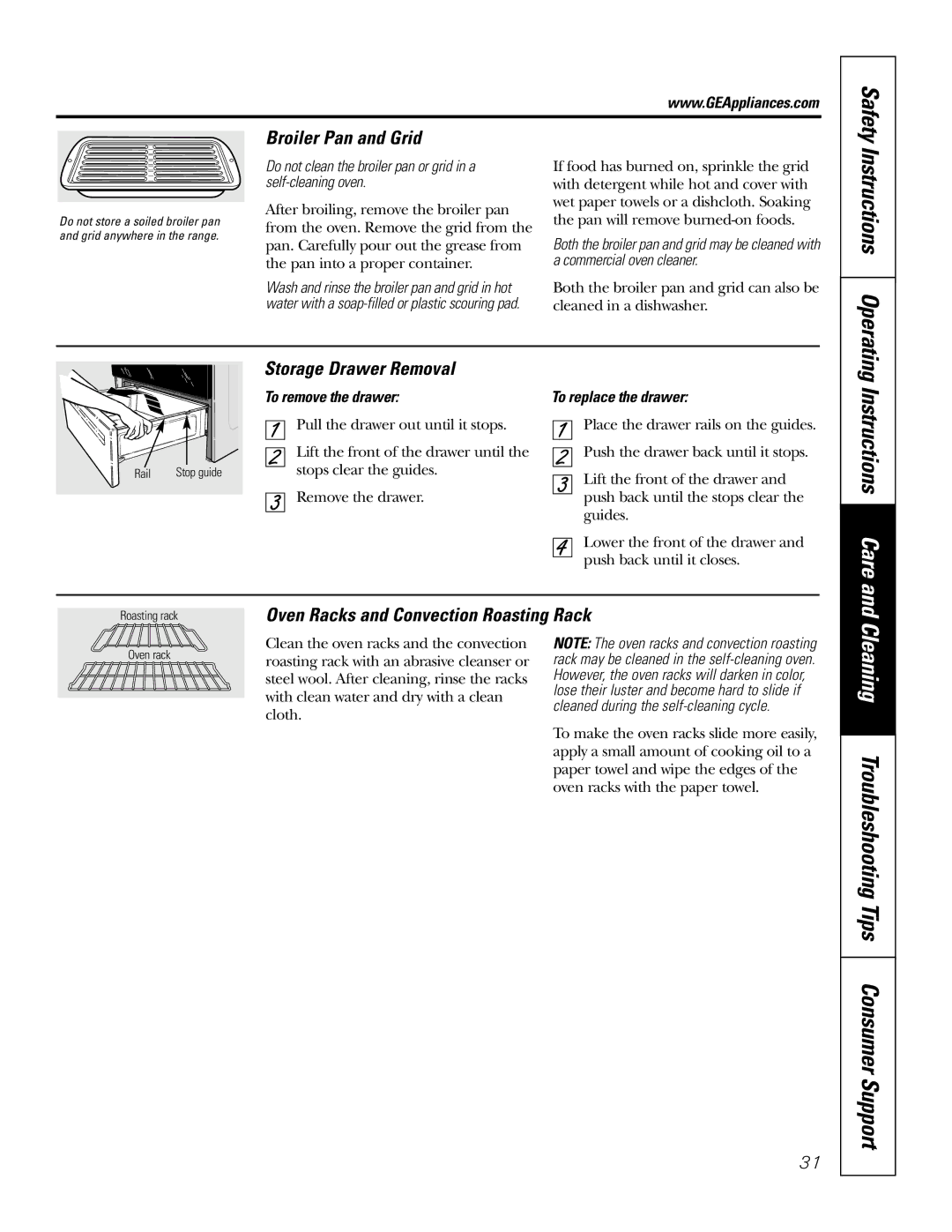 GE J2S968 Instructions Operating, Broiler Pan and Grid, Storage Drawer Removal, Oven Racks and Convection Roasting Rack 