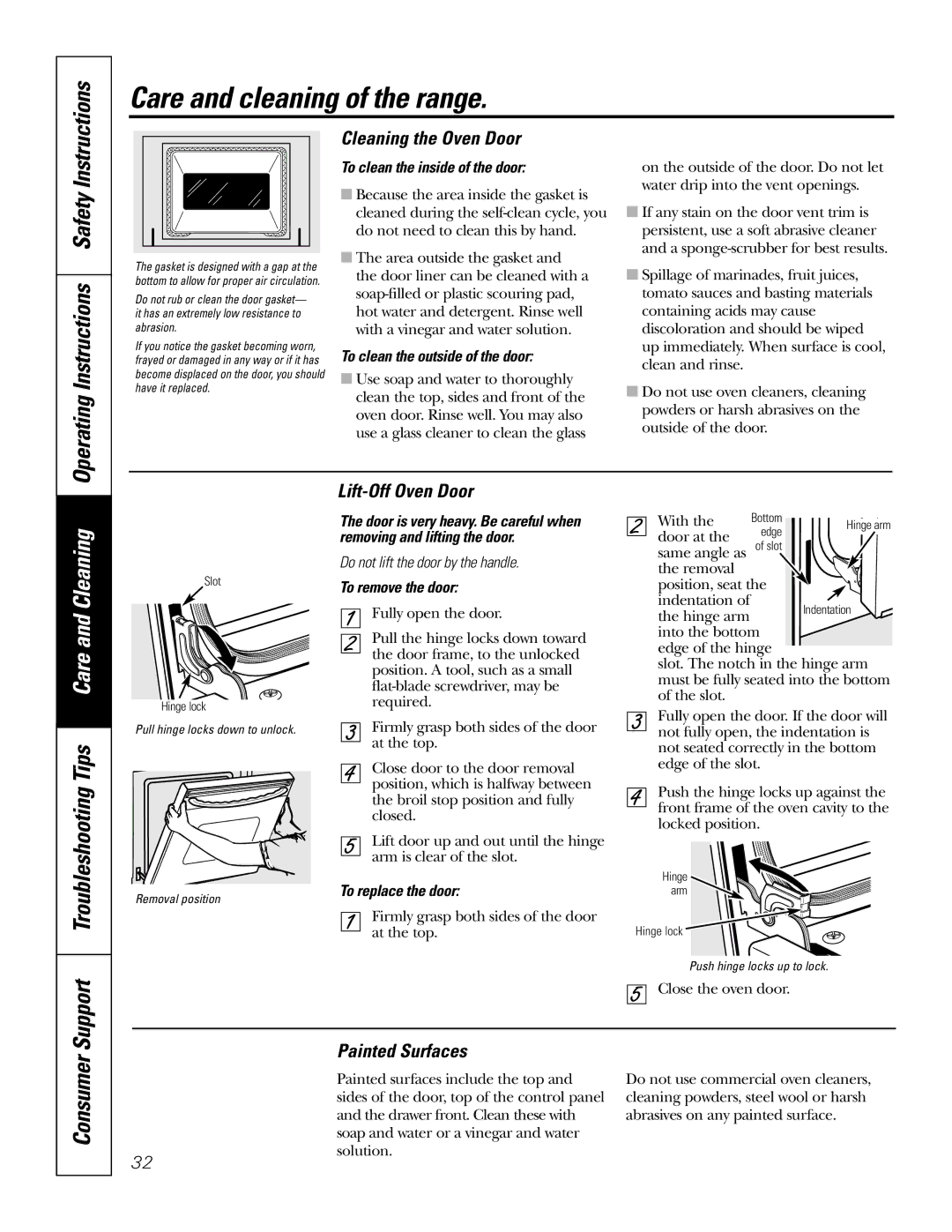 GE J2S968 manual Cleaning the Oven Door, Lift-Off Oven Door, Painted Surfaces 