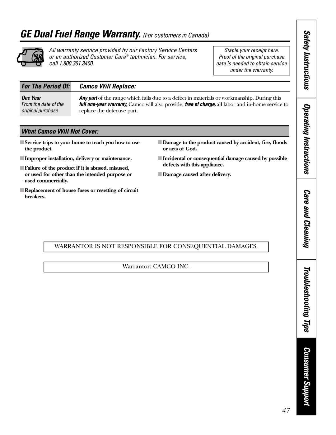 GE J2S968 manual GE Dual Fuel Range Warranty. For customers in Canada, Safety Instructions Operating, Camco Will Replace 