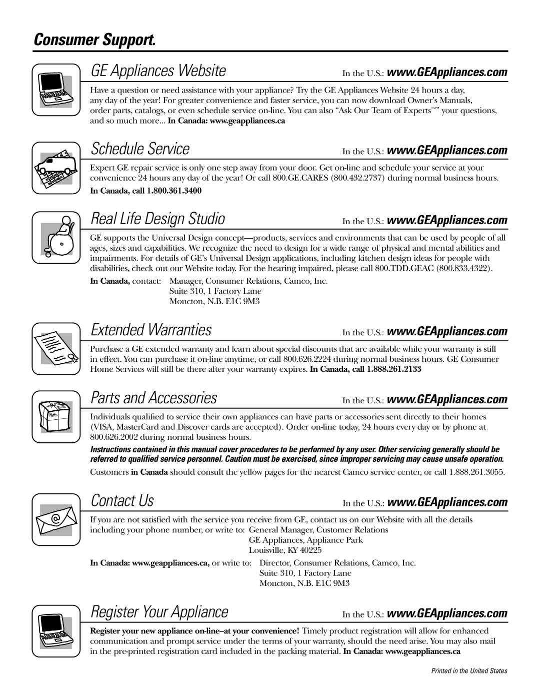 GE J2S968 manual Consumer Support, GE Appliances Website Schedule Service 