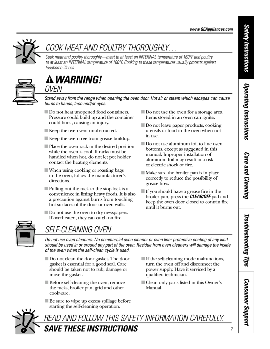 GE J2S968 manual Instructions Care and Cleaning, Tips Consumer, Support 