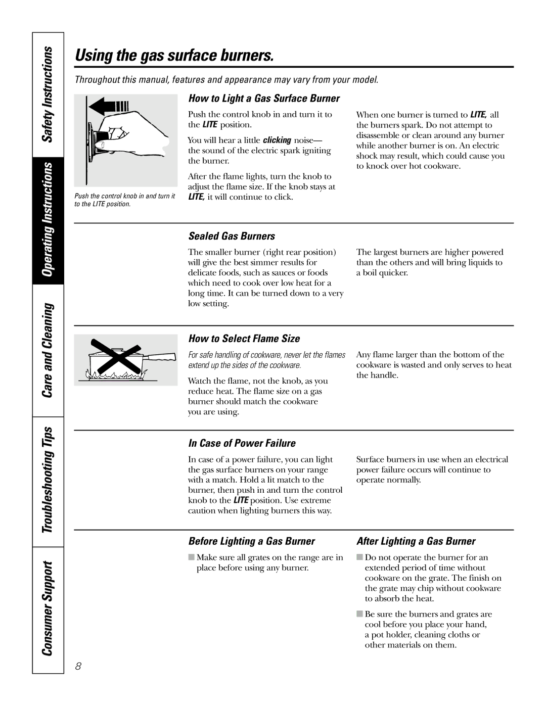 GE J2S968 manual Using the gas surface burners, Instructions, Tips Care, Consumer Support, Troubleshooting 