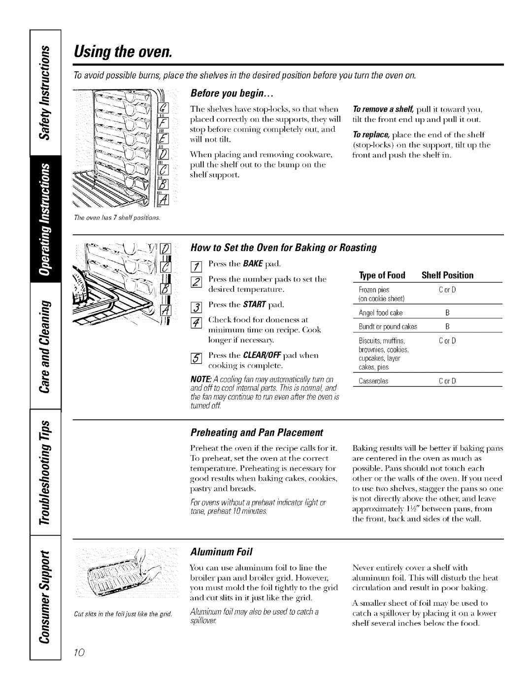 GE J7912-30 Usingthe oven, Before you begin, How to Set the Oven for Baking or Roasting, Preheating and Pan Placement 