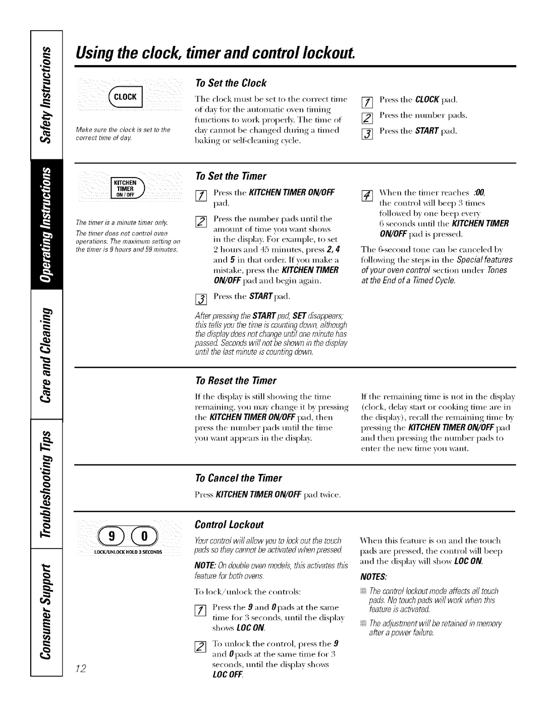 GE J7912-30 manual Usingthe clock, timer and control lockout, ToSet the Clock, ToSet the Timer, ToCancel the Timer 