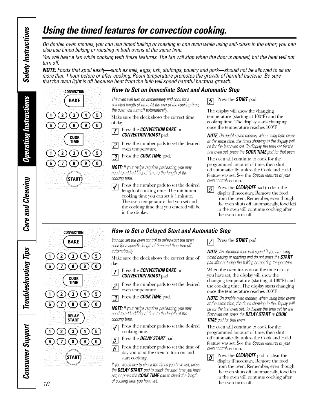 GE J7912-30 manual @@@@, Usingthe timed features for convectioncooking, How to Set an Immediate Start and Automatic Stop 