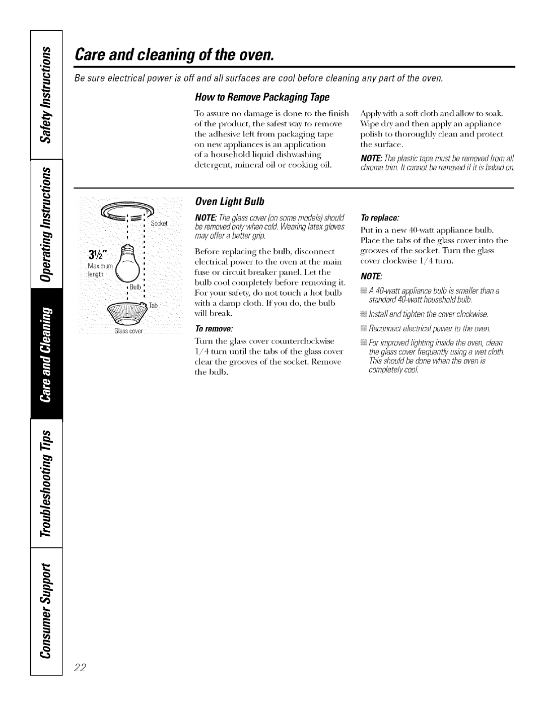 GE J7912-30 manual Careand cleaning of the oven, How to Remove Packaging Tape, Oven Light Bulb, Toreplace 