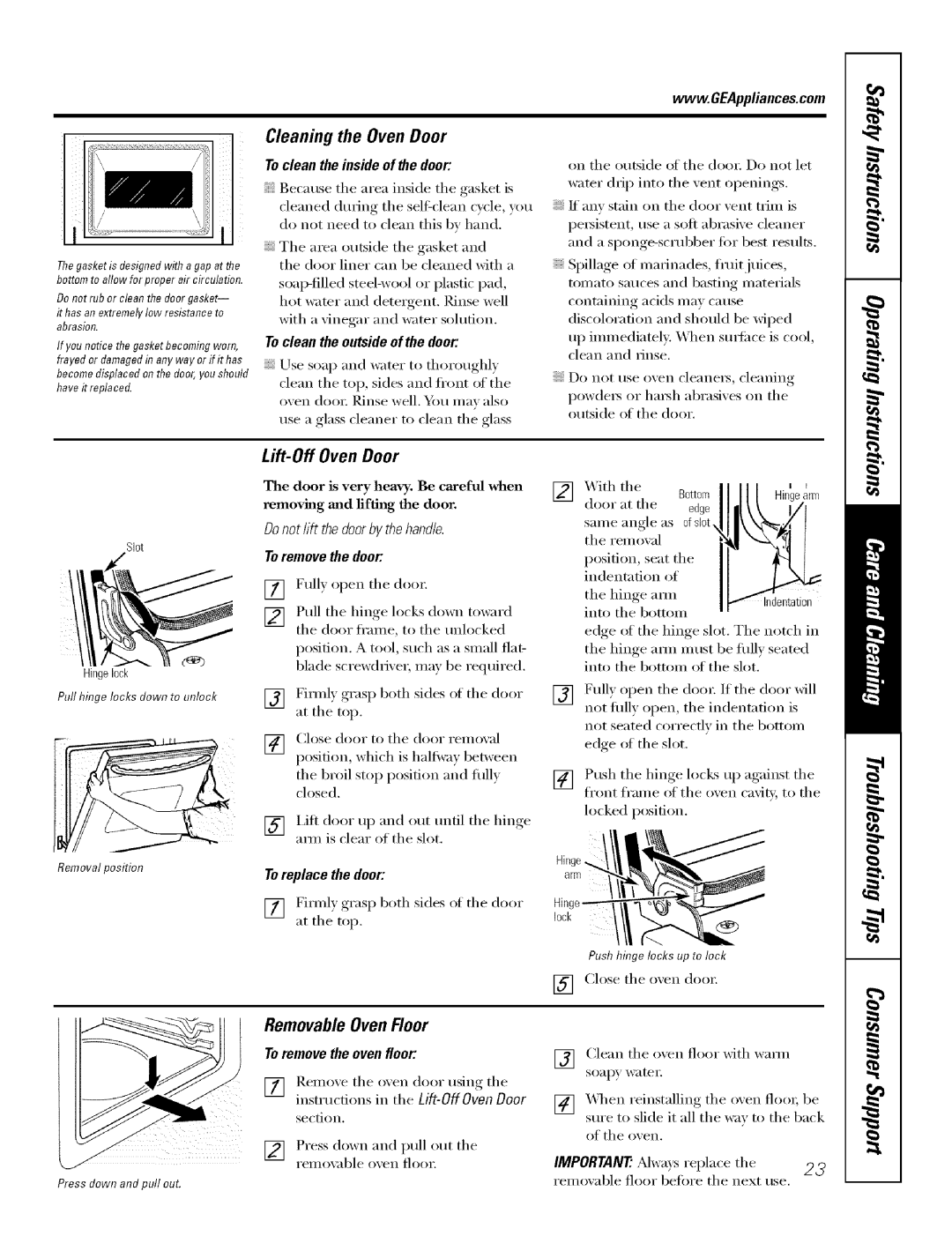 GE J7912-30 manual Removable OvenFloor, Cleaning the Oven Door, Lift-Off Oven Door 