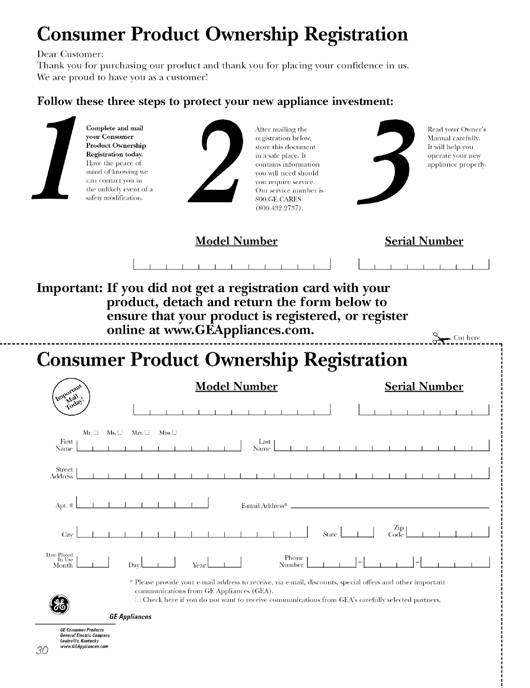 GE J7912-30 manual Consumer Product Ownership Registration, GEAppliances 