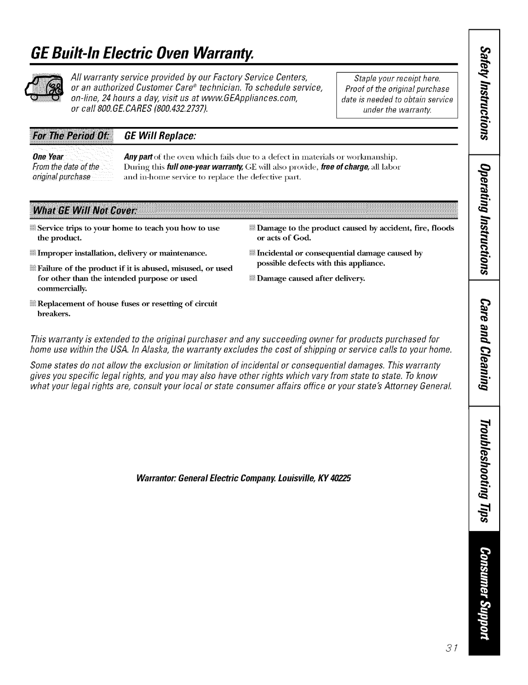 GE J7912-30 manual GEBuilt-In Electric Oven Warranty, GE Will Replace, From the date, Origina!purchase 