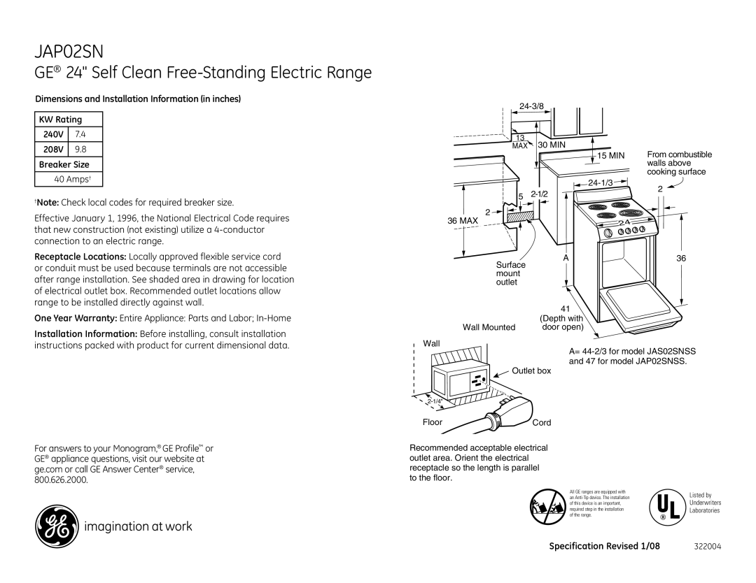 GE JAP02SNSS warranty GE 24 Self Clean Free-Standing Electric Range, Listed by 