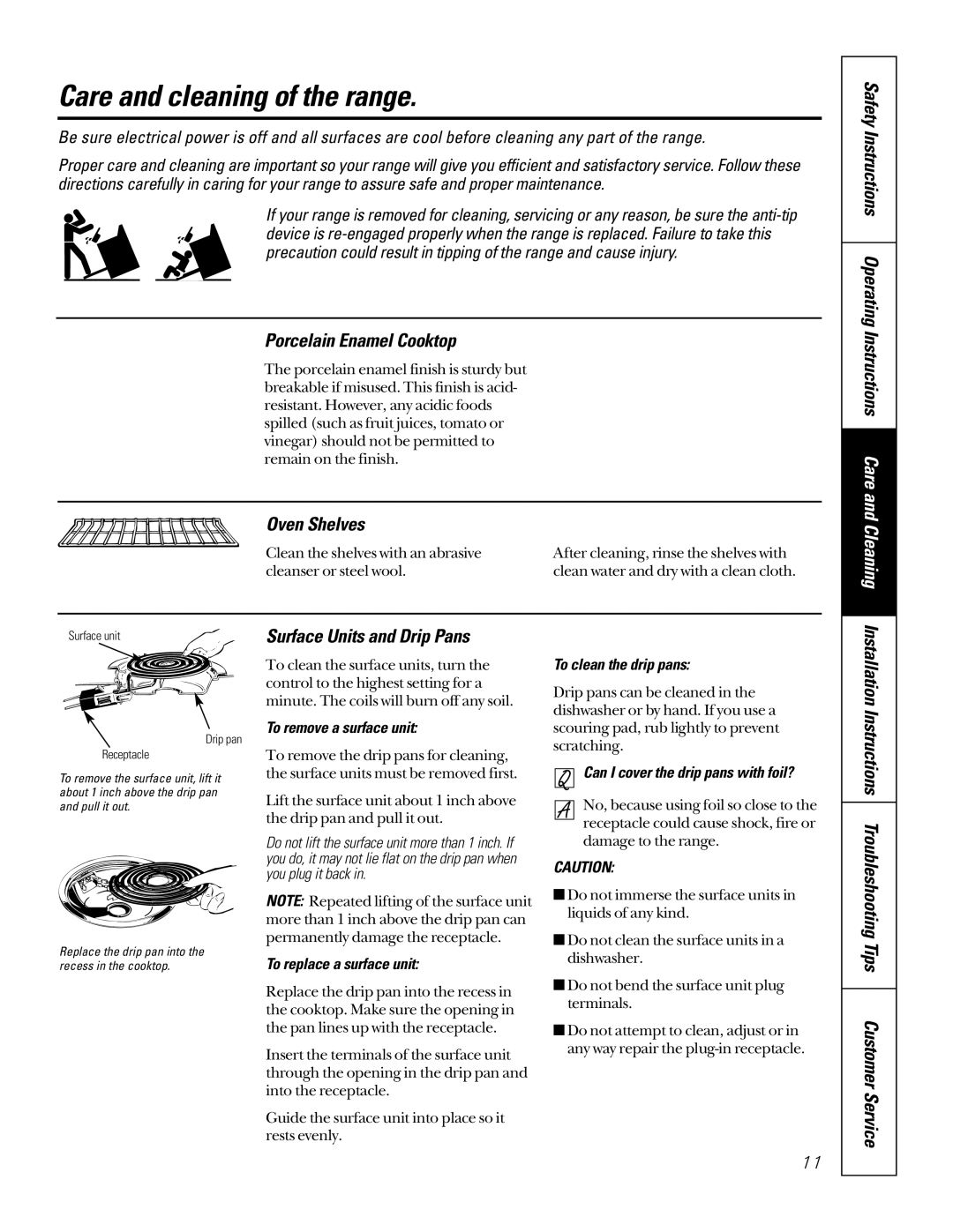 GE 164D3333P184 Care and cleaning of the range, Porcelain Enamel Cooktop, Oven Shelves, Surface Units and Drip Pans 