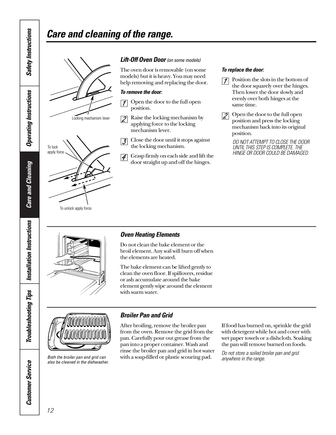 GE JAS02V Lift-Off Oven Door on some models, Tips Installation Instructions, Oven Heating Elements, Broiler Pan and Grid 