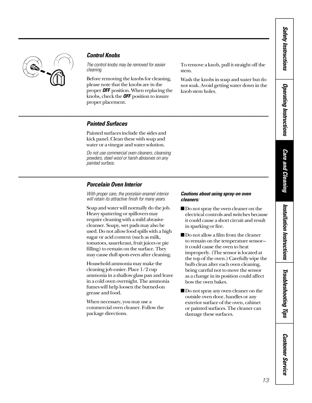 GE 164D3333P184, JAS02V owner manual Control Knobs, Safety Instructions Operating Painted Surfaces, Porcelain Oven Interior 