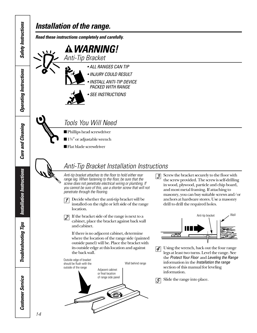 GE JAS02V, 164D3333P184 Installation of the range, Tools You Will Need, Anti-Tip Bracket Installation Instructions 