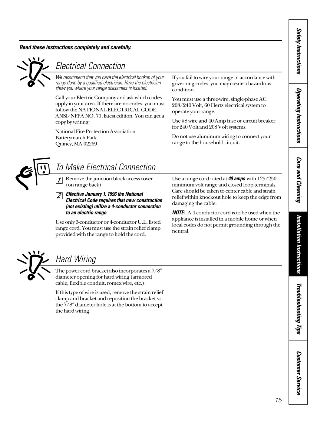 GE 164D3333P184, JAS02V To Make Electrical Connection, Hard Wiring, Instructions Troubleshooting Tips Customer Service 