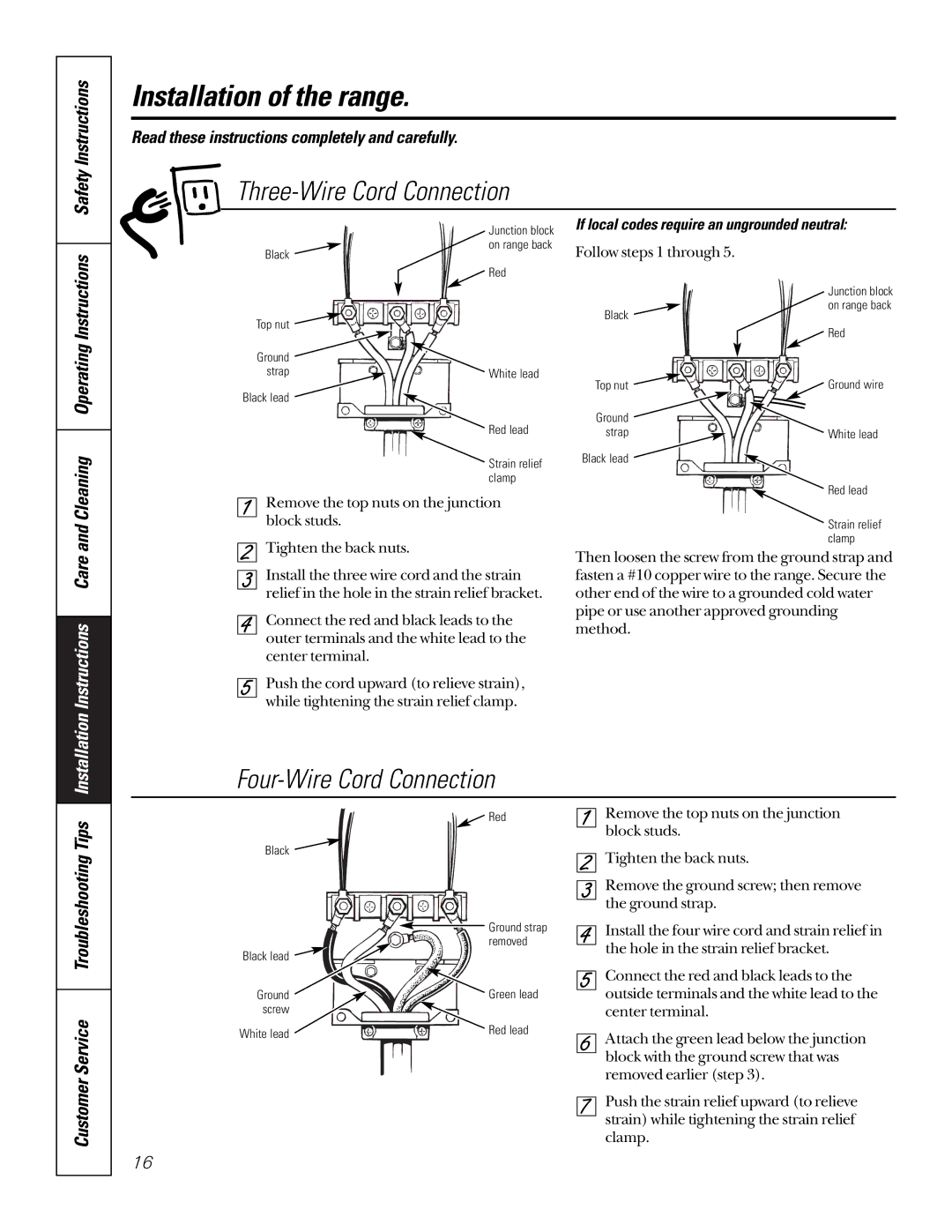 GE JAS02V, 164D3333P184 owner manual Three-Wire Cord Connection, Four-Wire Cord Connection, Safety Instructions 