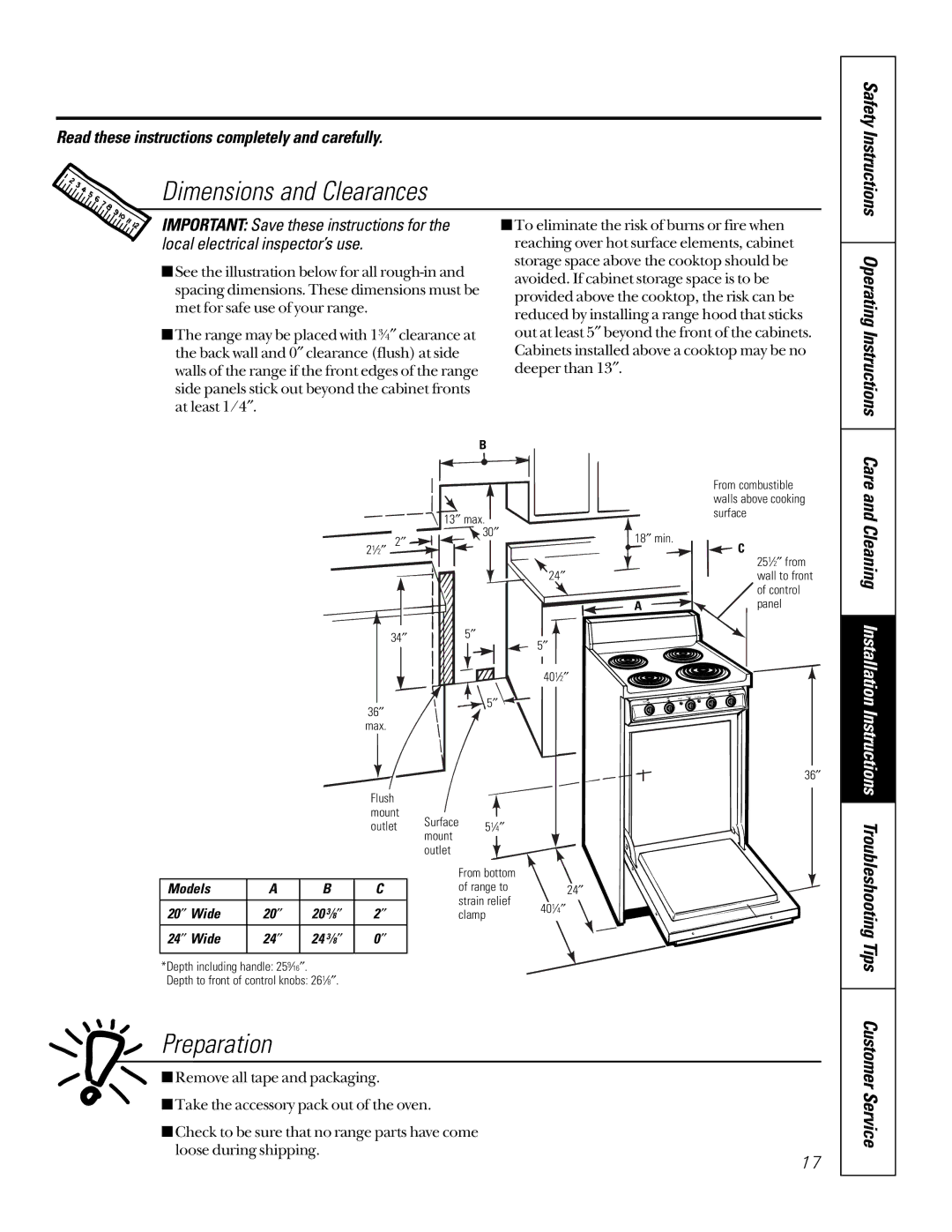 GE 164D3333P184, JAS02V owner manual Dimensions and Clearances, Preparation, Customer Service, Operating Instructions 