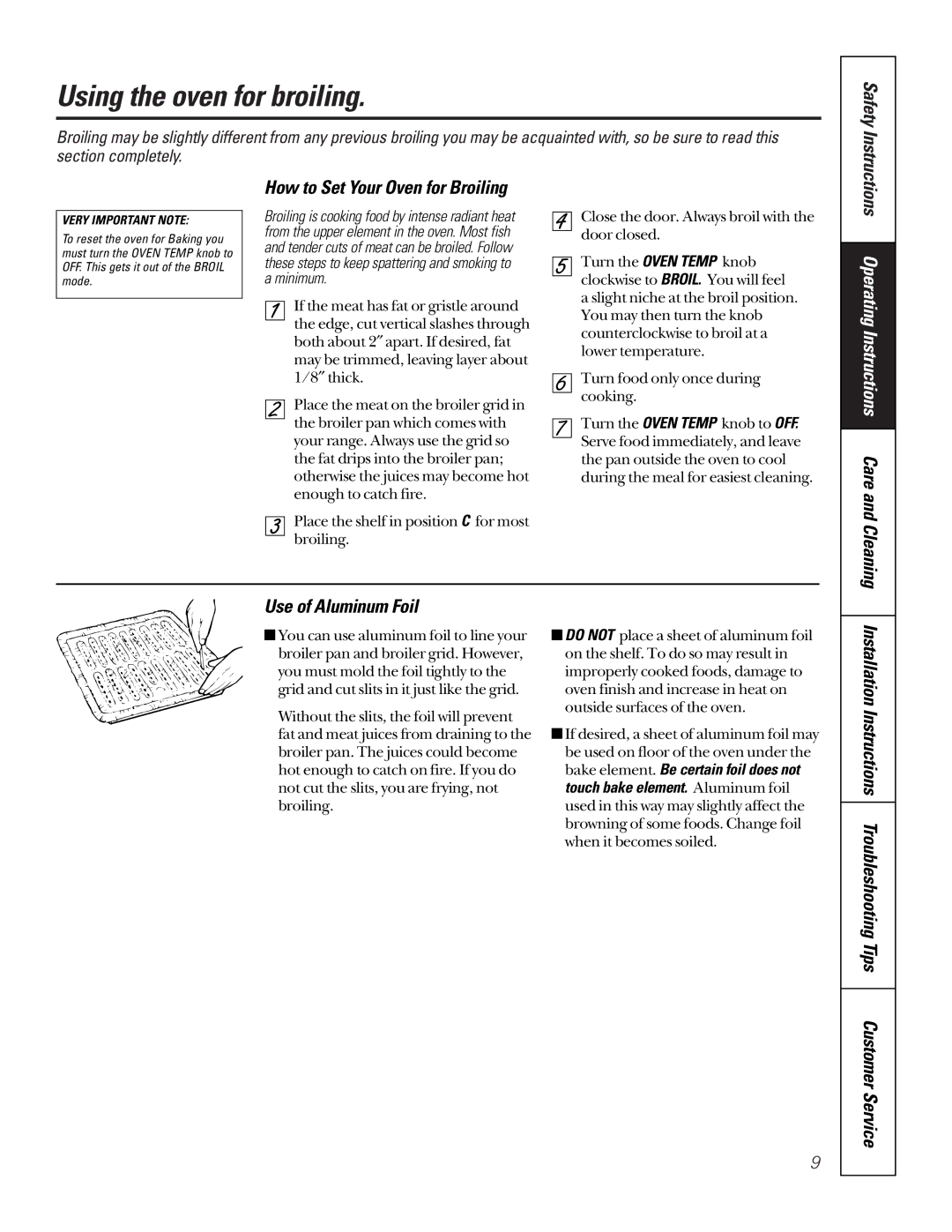 GE 164D3333P184, JAS02V owner manual Using the oven for broiling, How to Set Your Oven for Broiling, Use of Aluminum Foil 