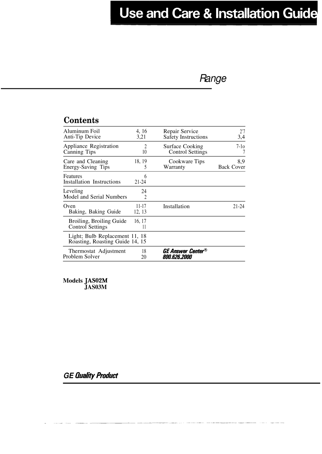 GE JAS02M, JAS03M warranty Range 