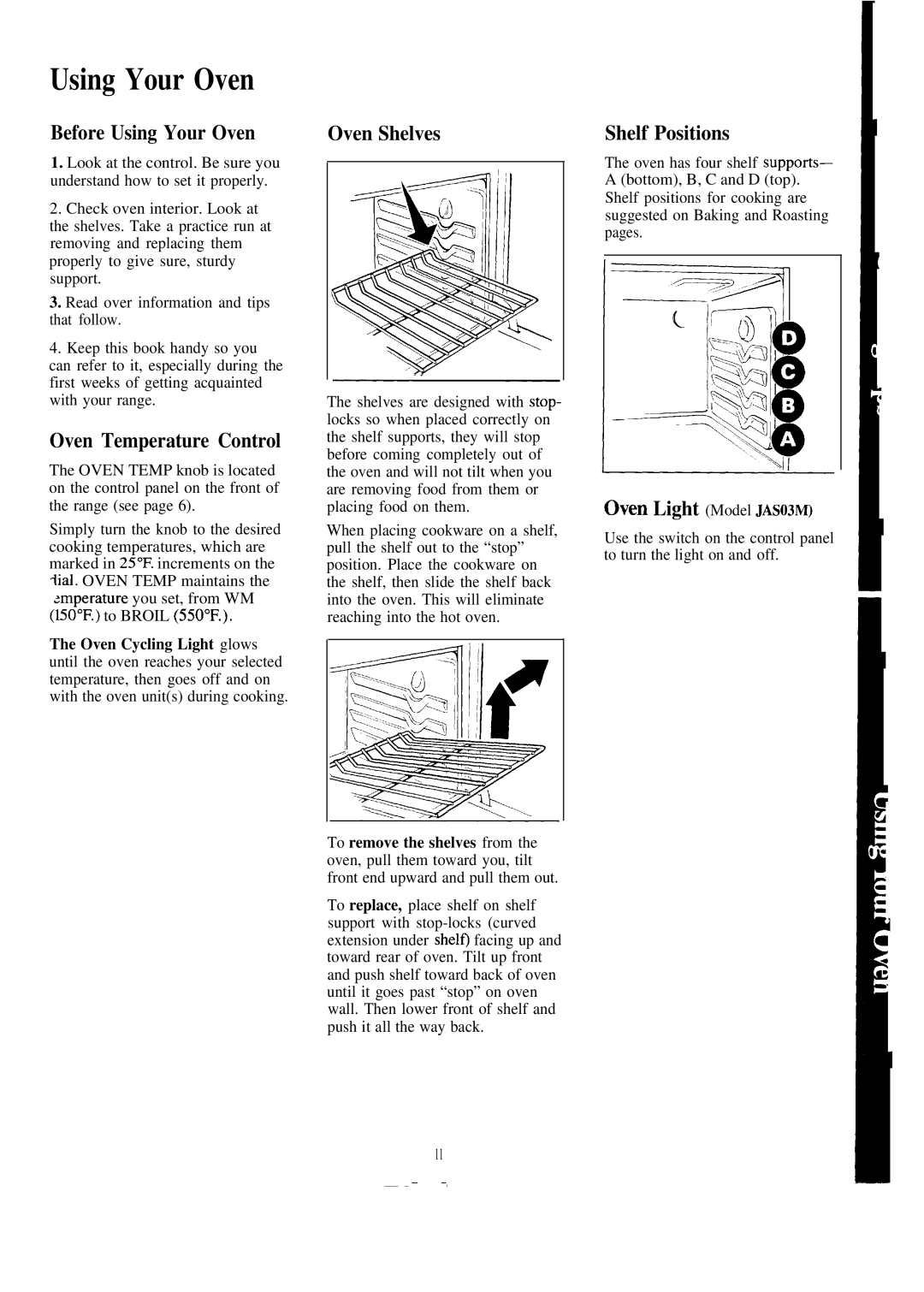 GE JAS02M, JAS03M warranty Before Using Your Oven, Oven Temperature Control, Oven Shelves, Shelf Positions 