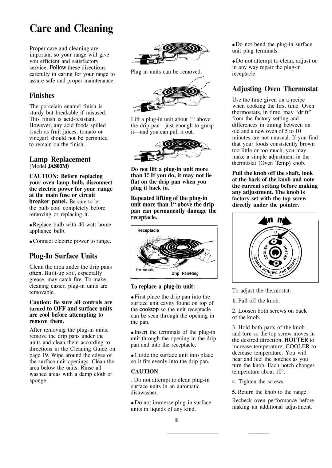 GE JAS03M, JAS02M warranty Care and Cleaning, Finishes, Lamp Replacement, Plug-In Surface Units, Adjusting Oven Thermostat 